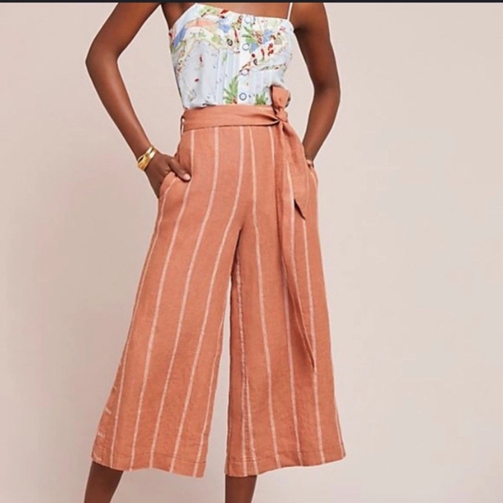 Anthropologie Portia Linen Terracotta Striped Wide-Leg Pants - S